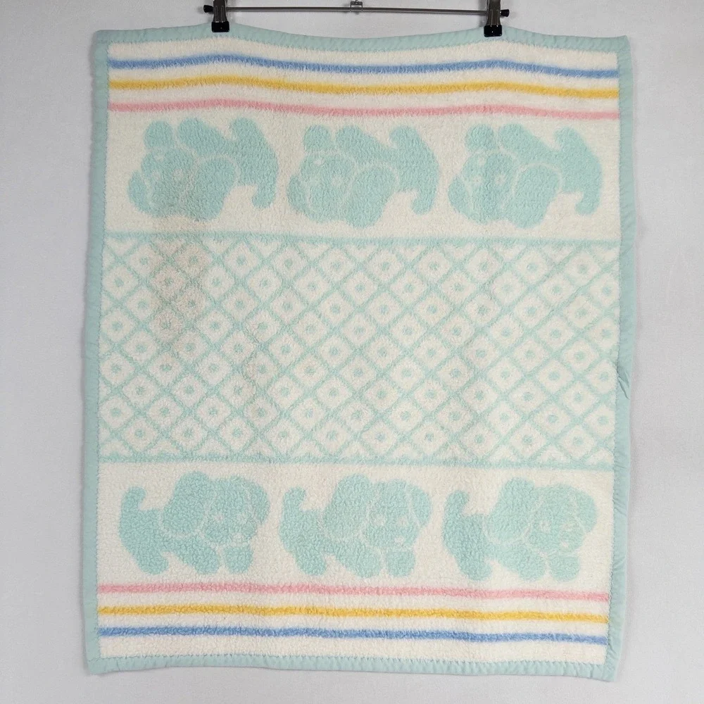 Vintage Biederlack Baby Blanket Multicolor Pastel Puppies Geometric Striped *